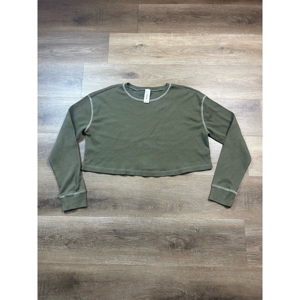 Abound T Shirt Womens L Green Long Sleeve Stretch Cropped Casual Waffle Knit